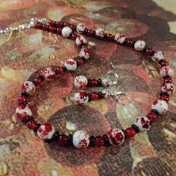 Handcrafted necklace/earring set with deep scarlet, white, and black elements - Picture 8 of 10